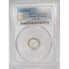 AUSTRALIA 1934/3 . THREEPENCE . VARIETY . OVERDATE . PCGS GRADE XF